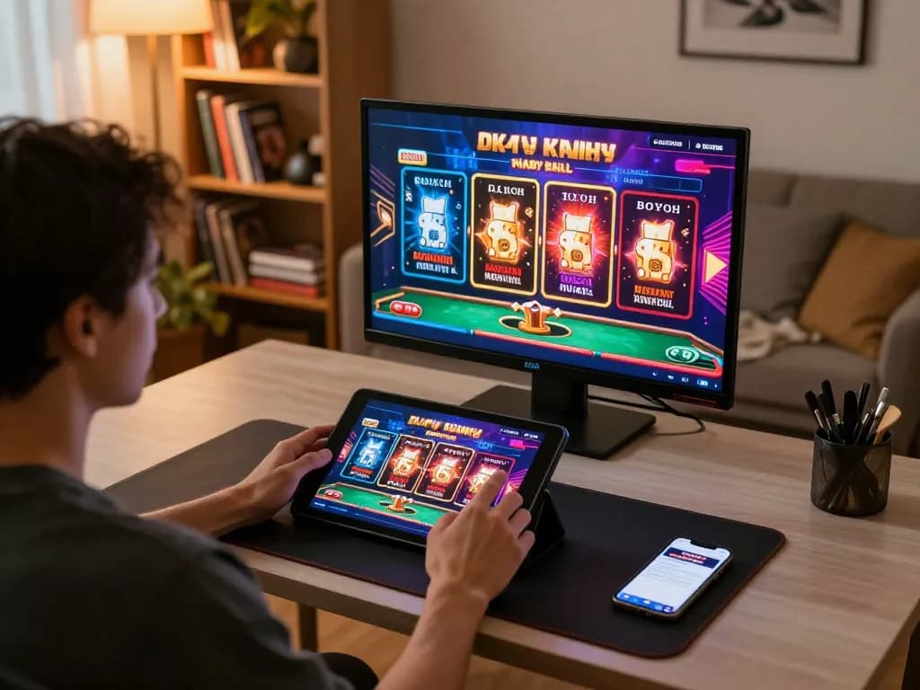 Player engaging with the 8day casino app on a tablet, showcasing online gaming excitement