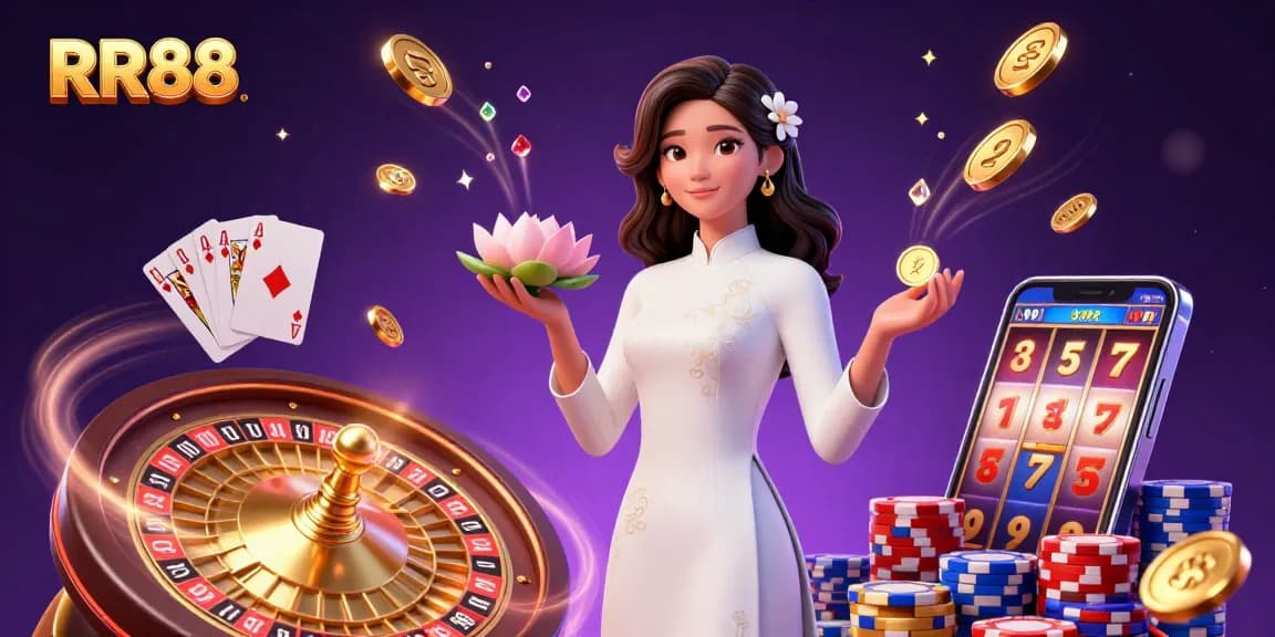 Experience RR88 with an elegant Asian woman holding a lotus and golden coin amid vibrant casino games and rewards.