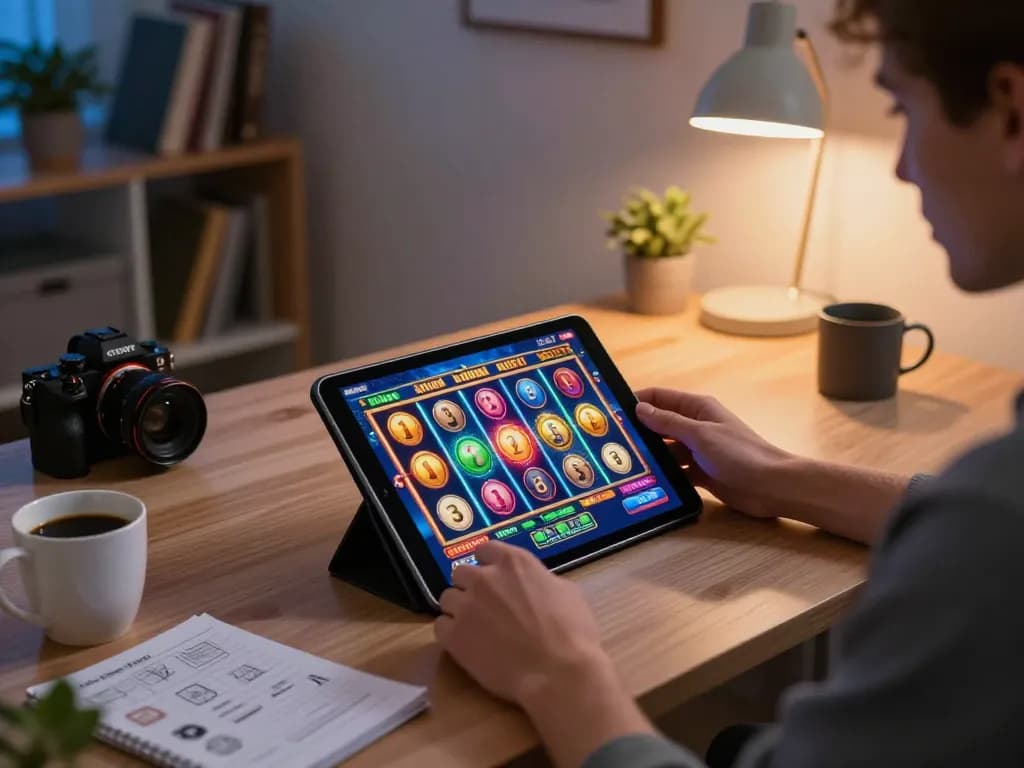 Player enjoying alc88 slot games on tablet, modern gaming setup with vibrant visuals and cozy atmosphere.