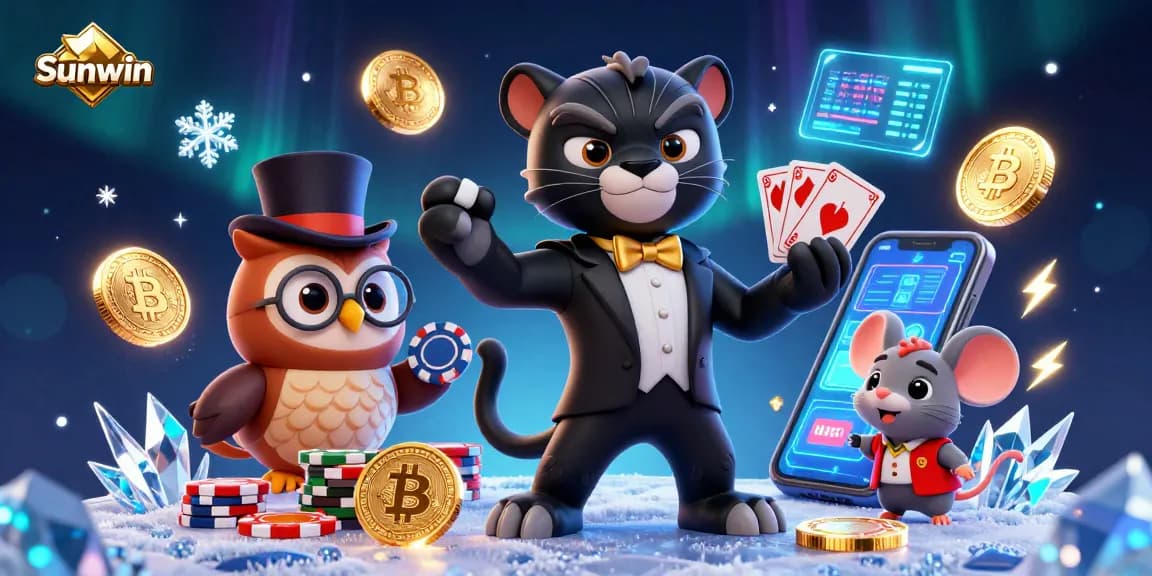Sunwin gaming scene featuring a stylish panther, owl, and mouse playing cards amid cryptocurrency elements.