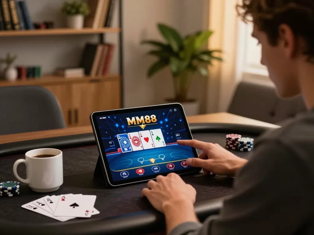 Player engaging with MM88 poker interface on tablet, showcasing a strategic home gaming setup.