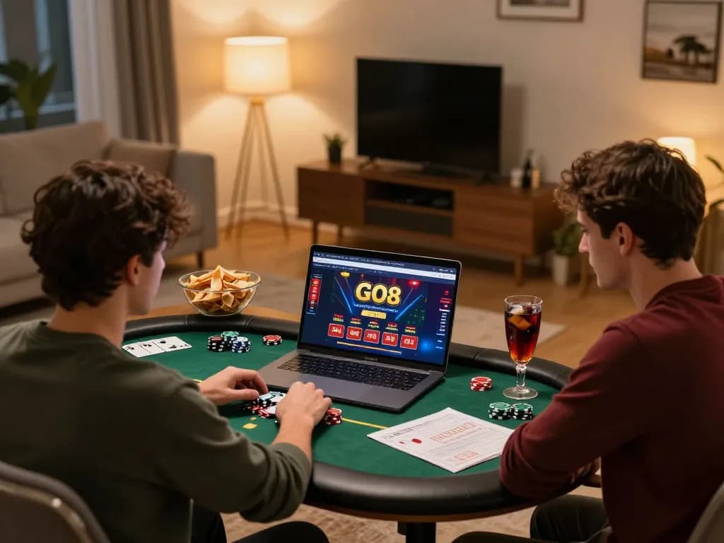 GO8 online casino gaming setup showing a laptop interface with poker action, promoting responsible play.