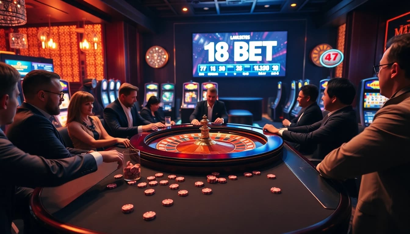 Experience the thrill of betting on 18 BET at a luxurious casino with vibrant games and high stakes.