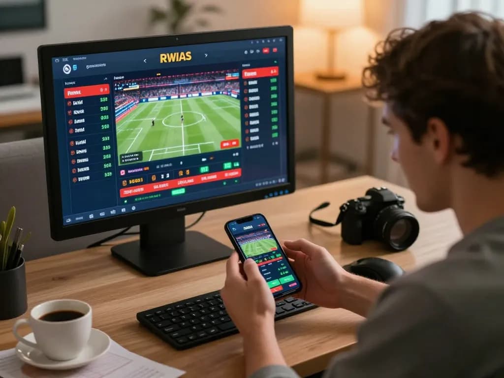 Player using 78win01 app for strategic betting in a modern home office, showcasing excitement and focus.