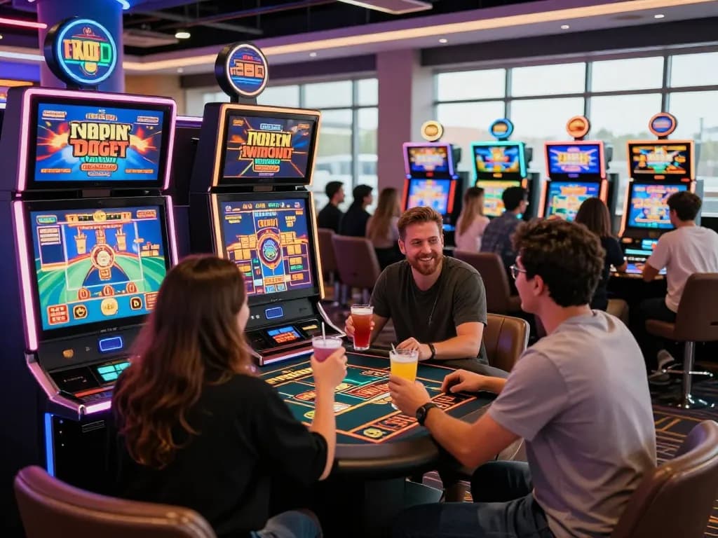 Exciting gaming lounge scene showcasing players enjoying gem88 casino games with neon lights.