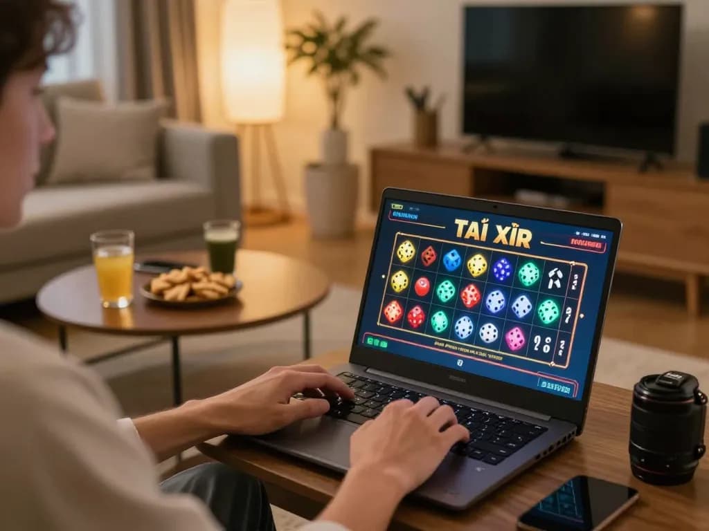 Tải Xỉu Online 2026 gameplay on taixiuonline8 in a cozy living room setting with laptop and snacks