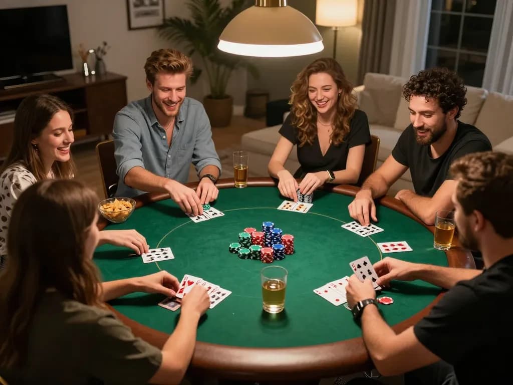 Friends enjoying a lively poker night at home, strategizing their bets with lv88f ambiance.