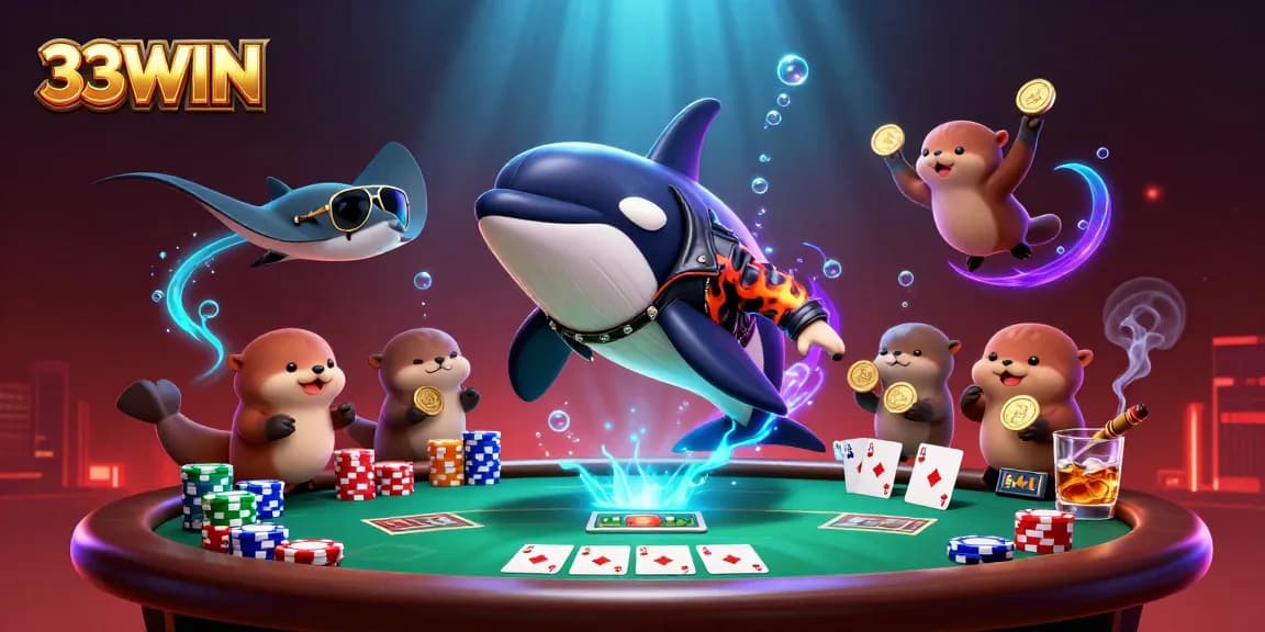 Experience the thrill of 33WIN with an orca, stingray, and otters in a vibrant casino scene!