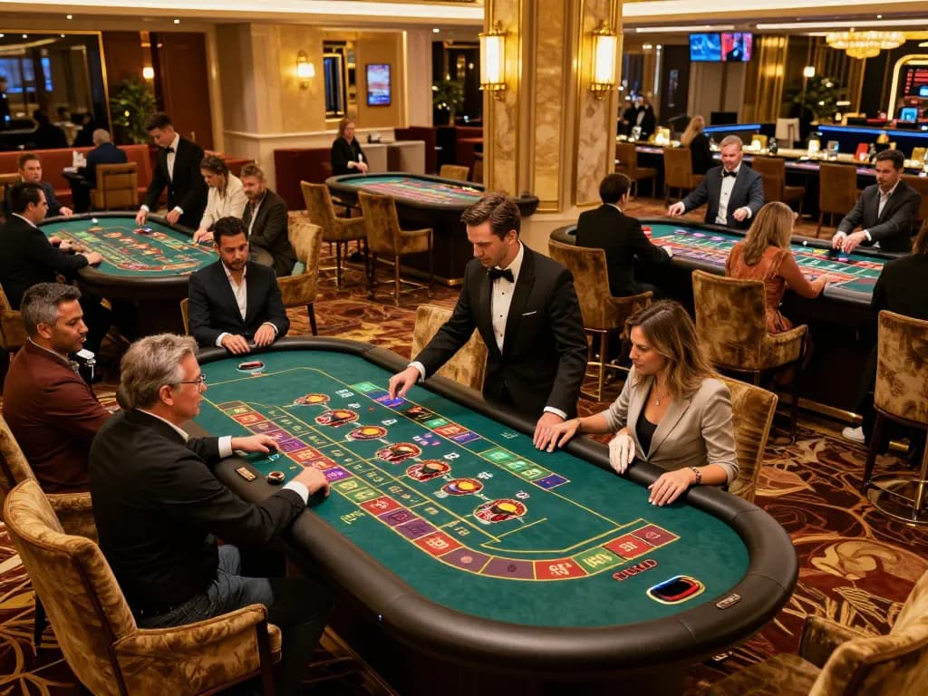 Players enjoying thrilling roulette action at 88Club casino floor under golden ambient lighting, showcasing vibrant gaming experience.