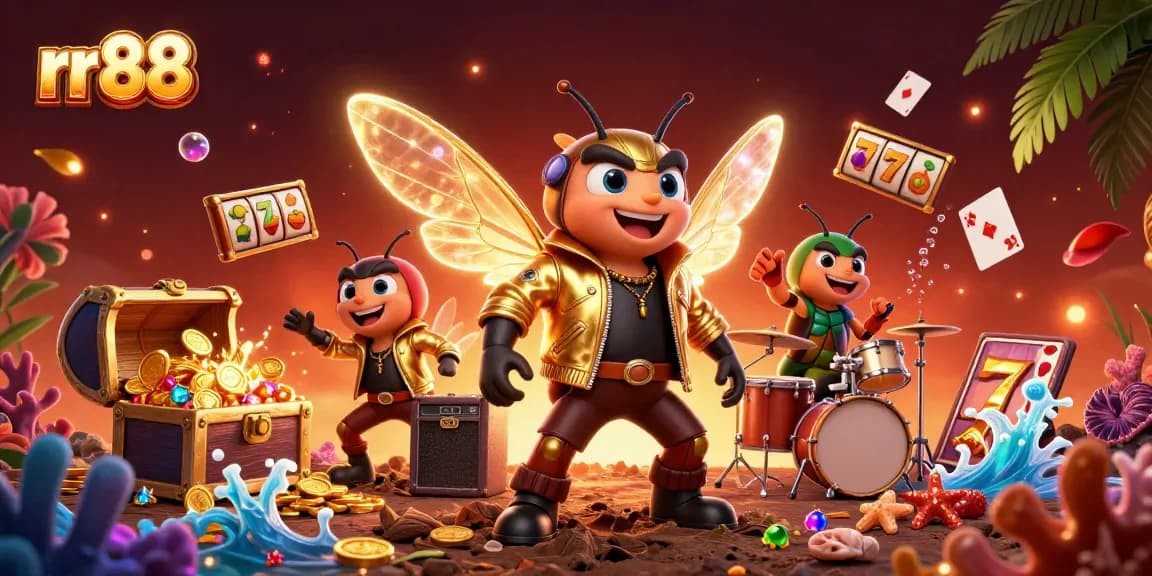 Experience the excitement of rr 88 slots with dynamic 3D rock star characters and vibrant casino elements.