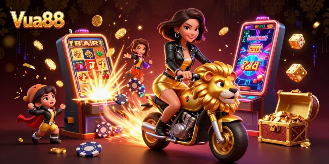 Experience excitement at Vua88 with a glamorous woman riding a golden lion mascot amidst casino elements.