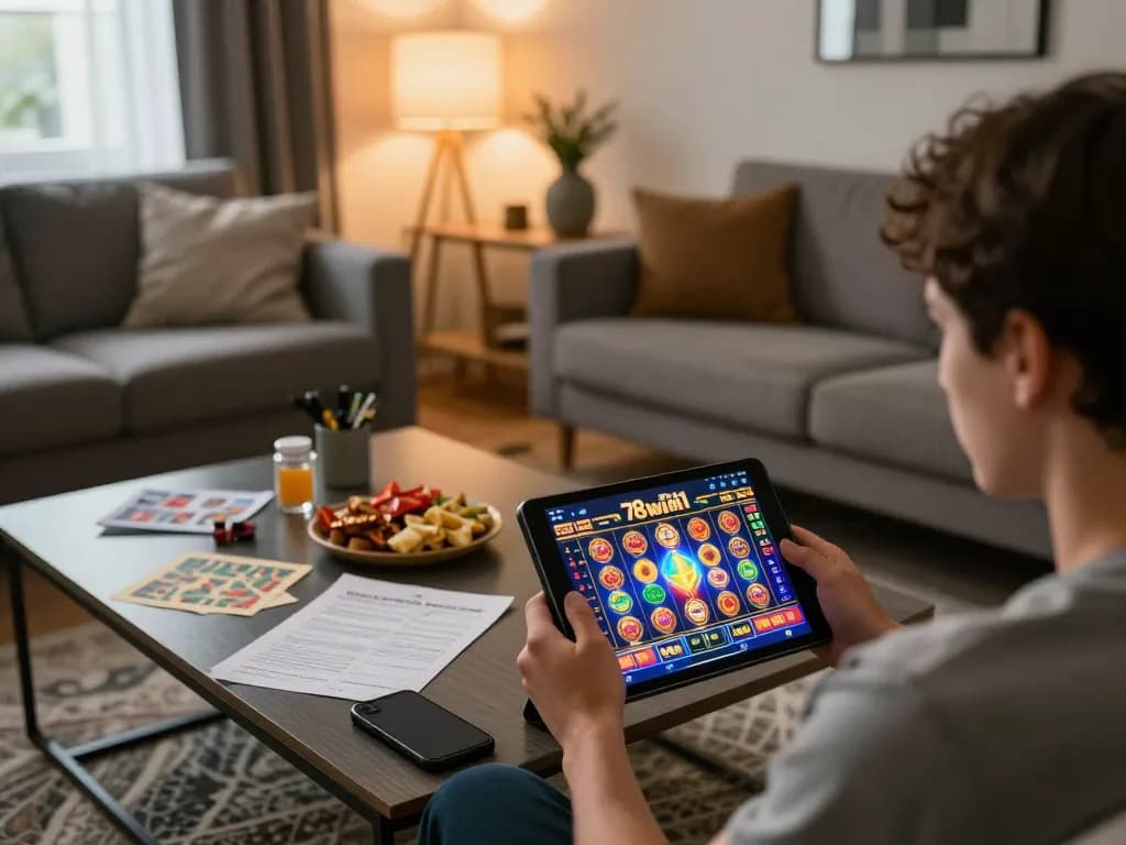 Engaged player using the 78win01 app for online slots in a cozy living room setting