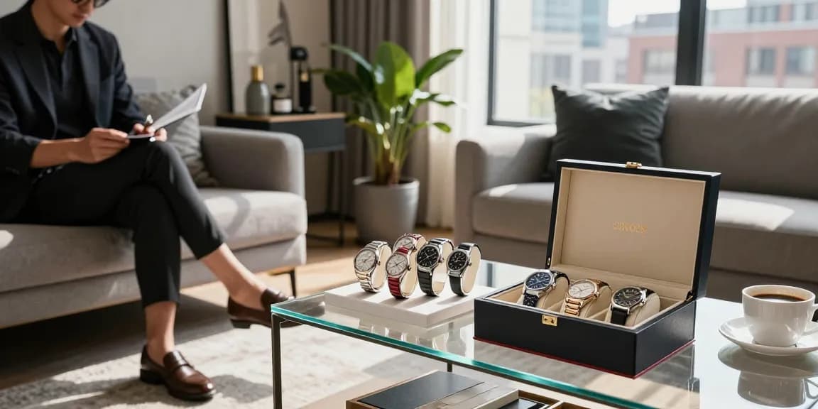 Admiring replica watches in a stylish urban apartment, showcasing luxury and craftsmanship.