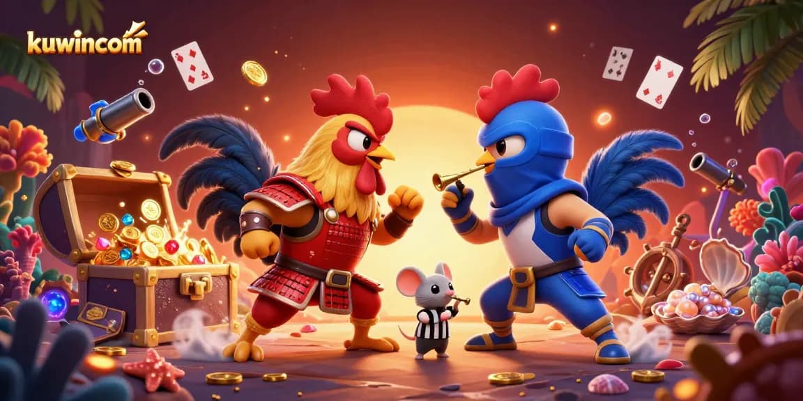 Kuwincom showcases explosive action with 3D cartoon roosters in a thrilling showdown, set in a vibrant underwater scene.