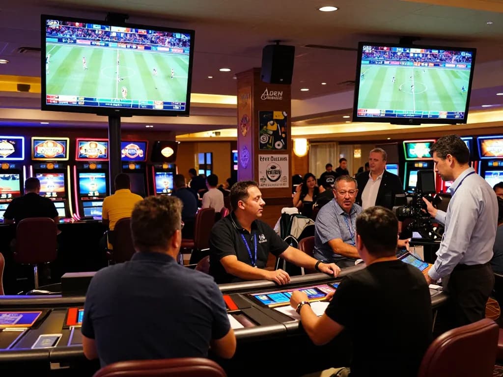 nhandinhkeonhacai patrons actively engaging in sports betting strategy discussions at a vibrant and upscale casino.
