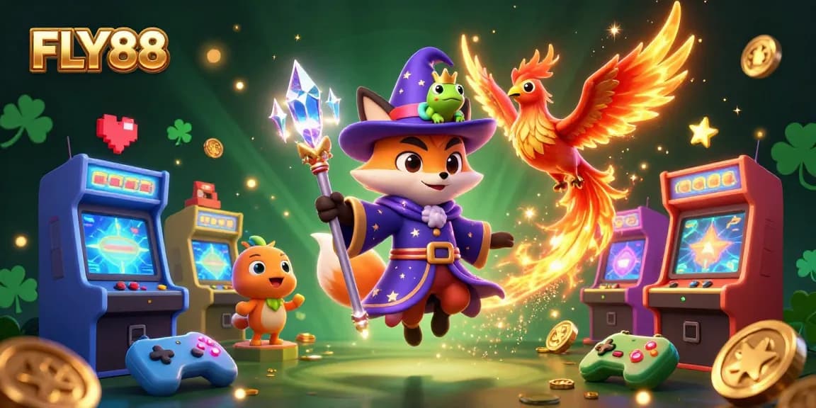 Experience the magic of FLY88: A vibrant fantasy casino world with mystical characters and arcade elements.