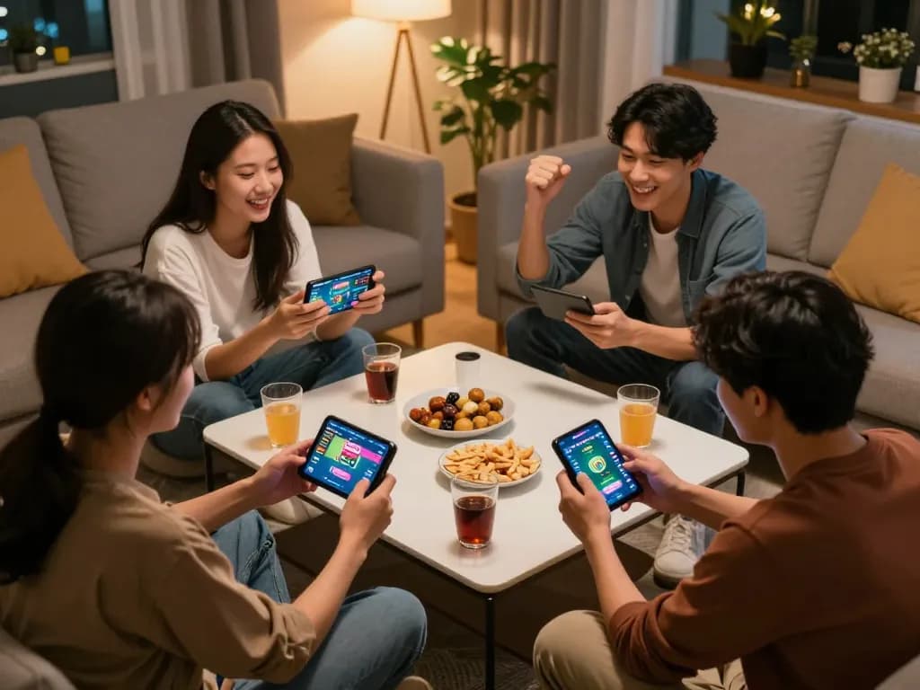 Friends playing Lô Đề Online on mobile devices during a lively game night at home.