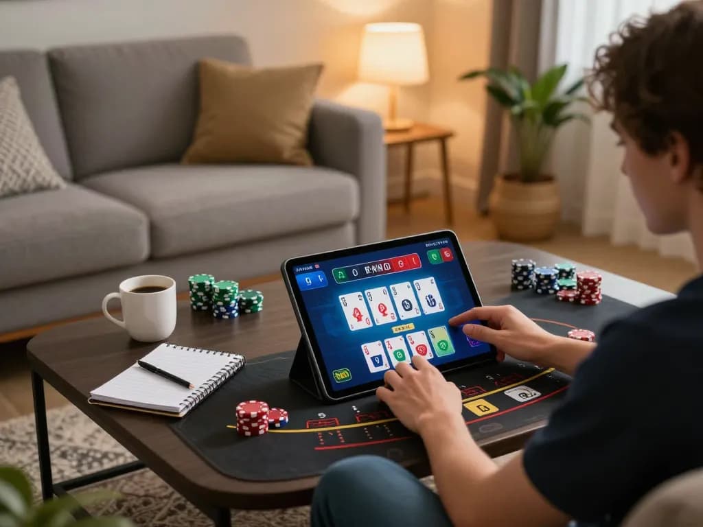 XX88 player enjoying live blackjack on a tablet at home, showcasing interactive gameplay.