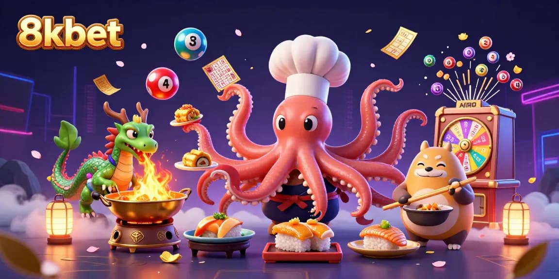 Join the action at 8kbet with dynamic games as a sushi octopus chef prepares dishes surrounded by vibrant casino elements.