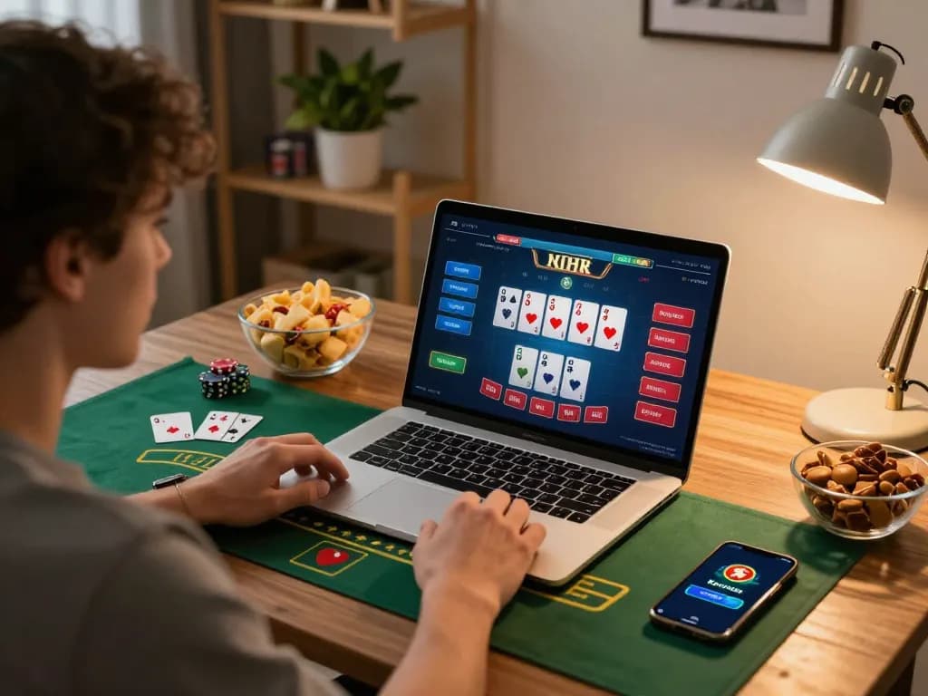 MM88 player engaging in an exciting blackjack game on laptop in cozy home setting.