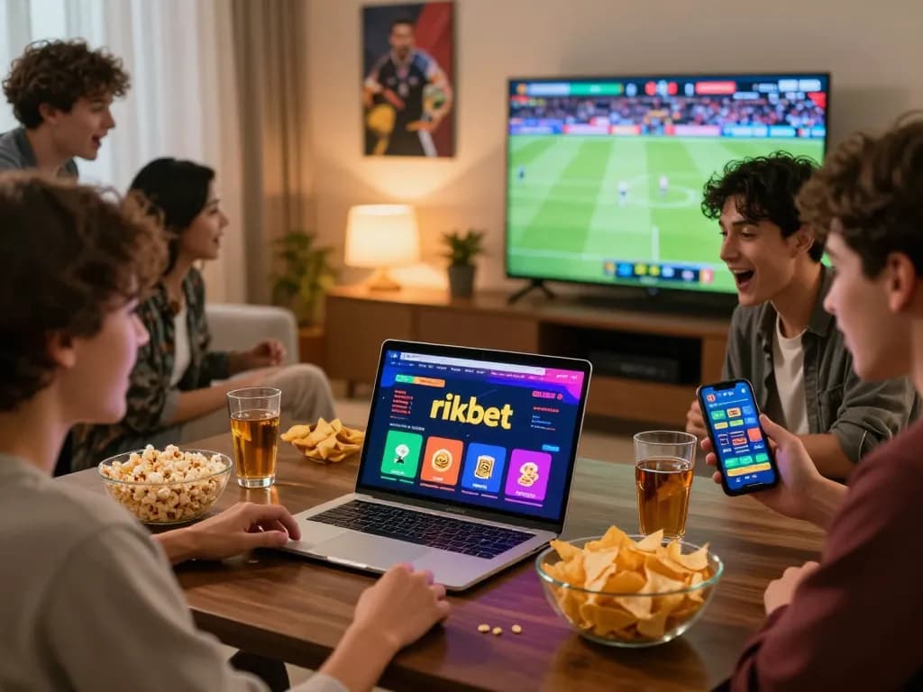Friends enjoying online betting on rikbet platform during a sports event.