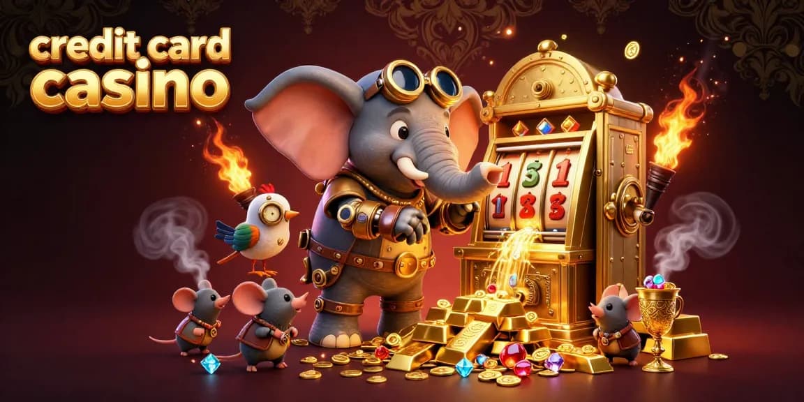 Experience vibrant action at credit card casino with a steampunk elephant operating a gold slot machine.