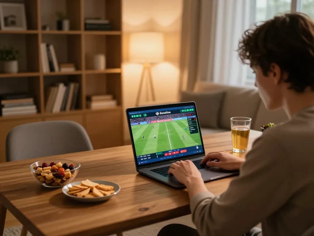 Socolive live sports betting on a laptop with a cozy home setup, showcasing excitement.