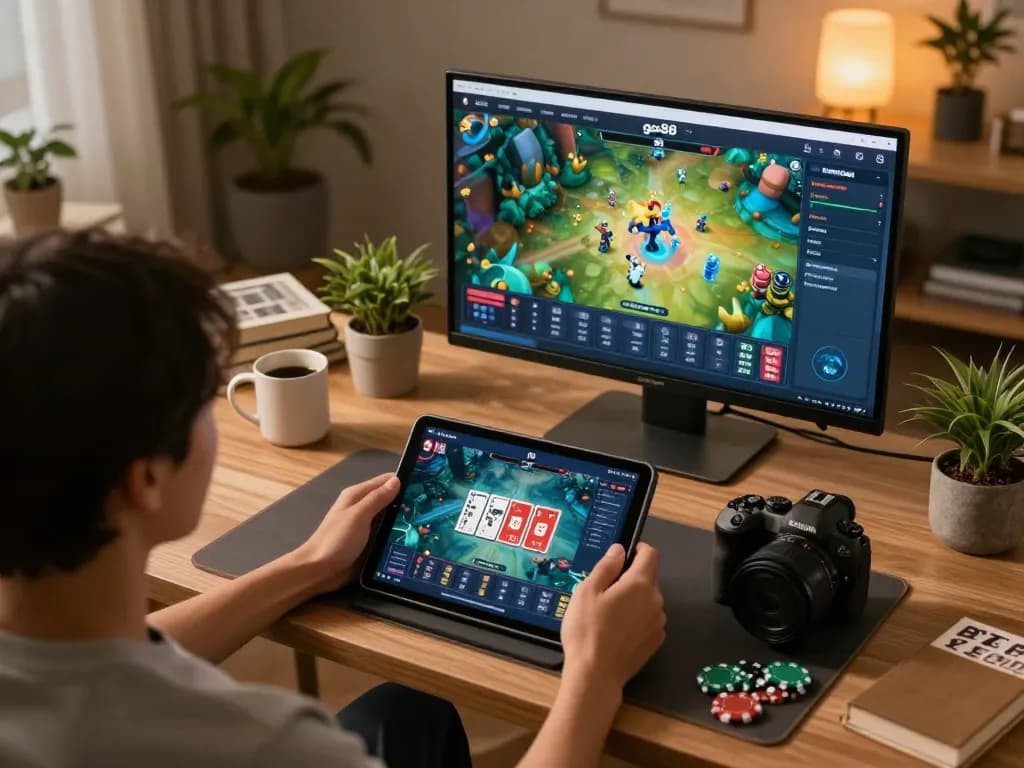 Engaging with game bài go88 at home using a tablet in a cozy environment