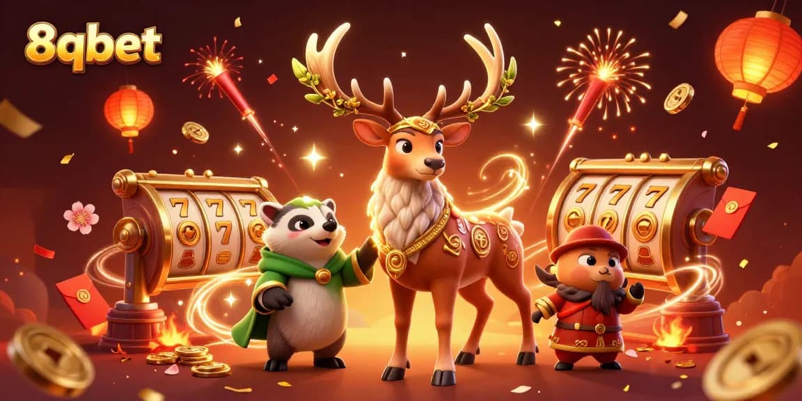 Engage with 8qbet's immersive casino experience showcasing a druid stag and badger surrounded by festive game elements.