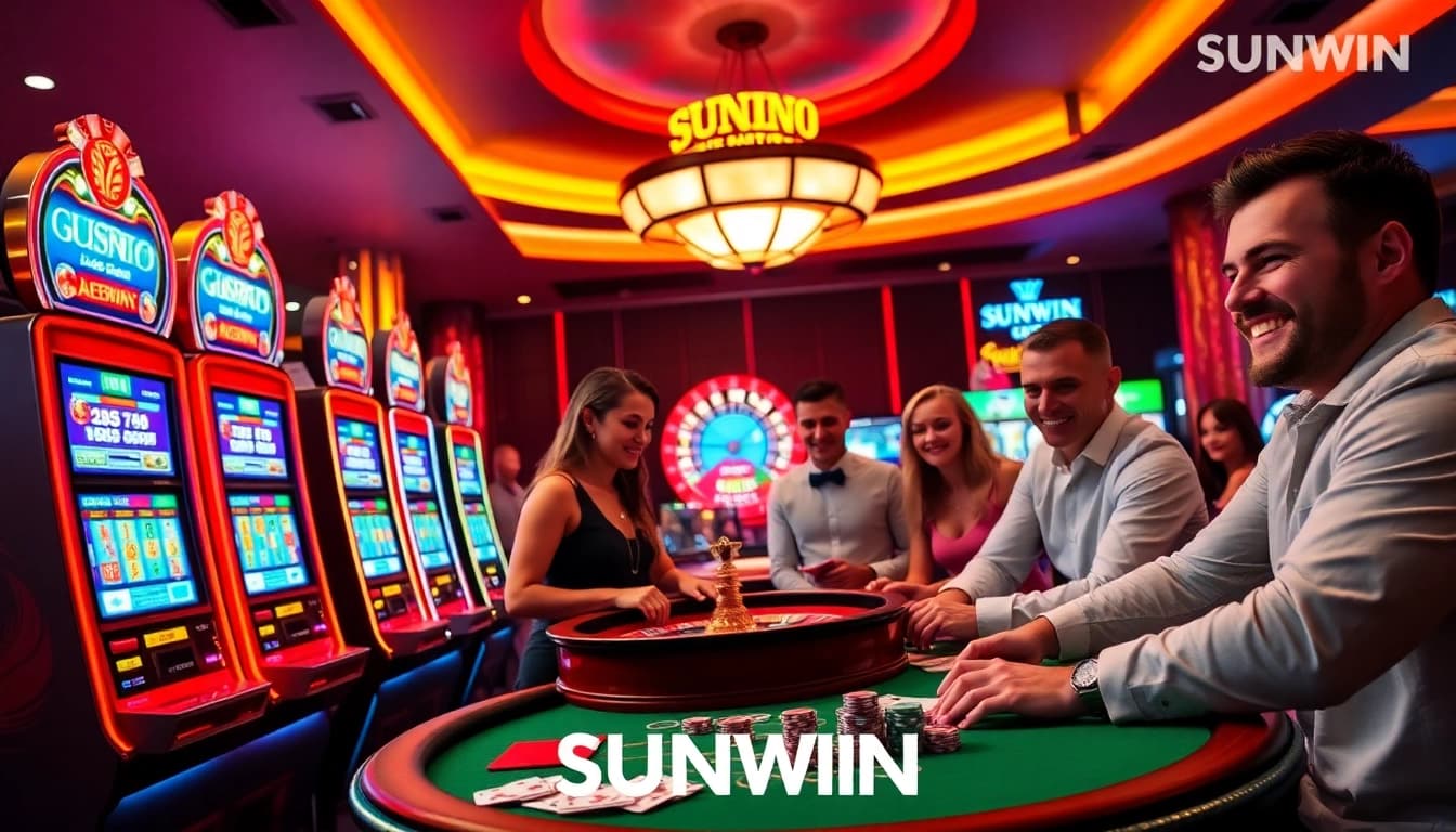 SUNWIN players enjoying excitement at a vibrant casino with slot machines and poker games.