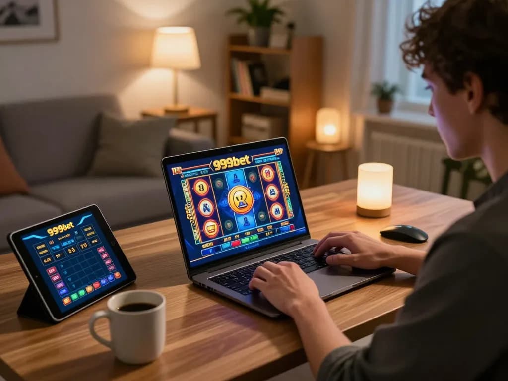 Engaged player experiencing the excitement of 999bet online casino gaming on a laptop setup in a cozy room.