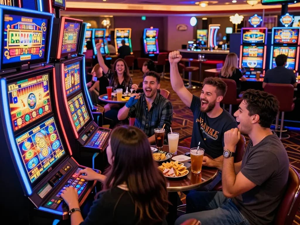 sunwin players celebrating a jackpot win at vibrant slot machines in a lively casino