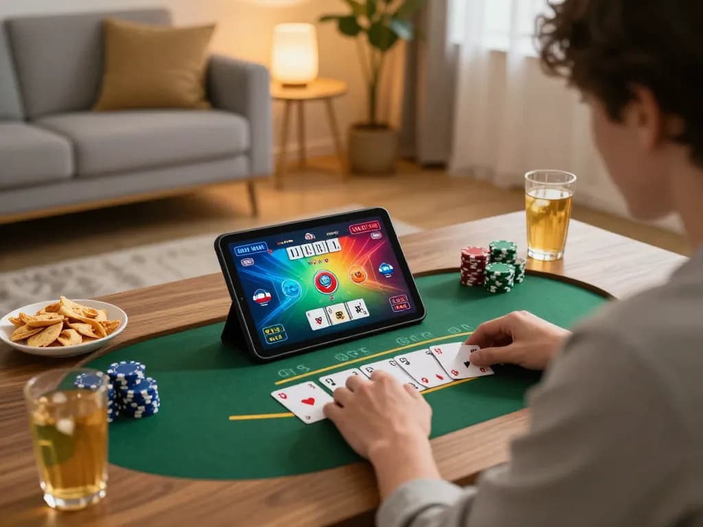Player enjoying rikvip casino games on a tablet in a cozy home environment with snacks.