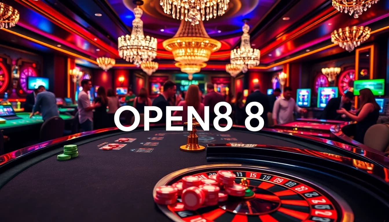 Experience the thrill of OPEN88 as players enjoy poker and roulette in a luxurious casino.