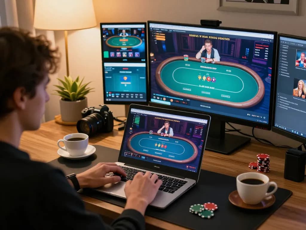 Player at lc88an strategizing poker moves in a cozy, stylish home office setting