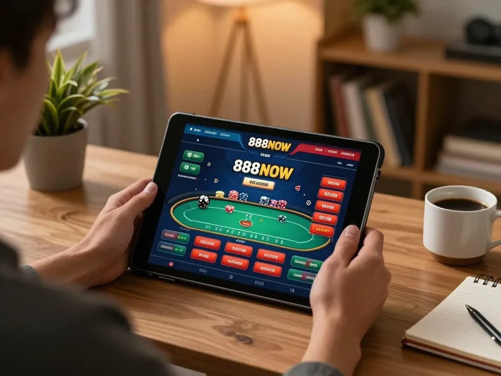 Engaged player using 888NOW app for online poker in cozy home office.