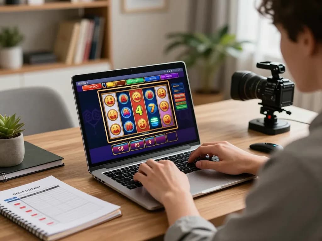 The river4 player spins colorful slots in a cozy home office, showcasing a strategic online gambling setup.