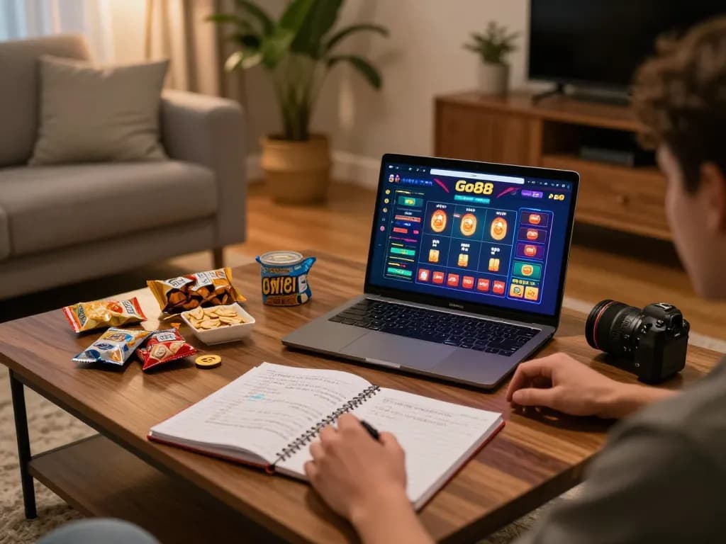 Engaging with Go88 on a laptop in a cozy home gaming setup featuring snacks and strategic notes