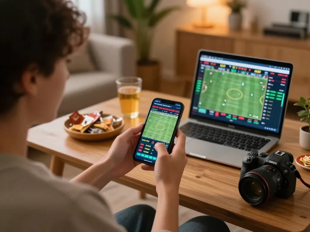 Engaged gambler placing live bets on TA88 within a cozy home setting, smartphone showing dynamic odds.