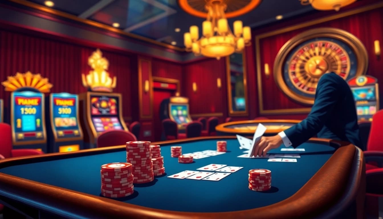 Experience the thrill of gambling at 79KING with a luxurious casino scene featuring poker tables and roulette.