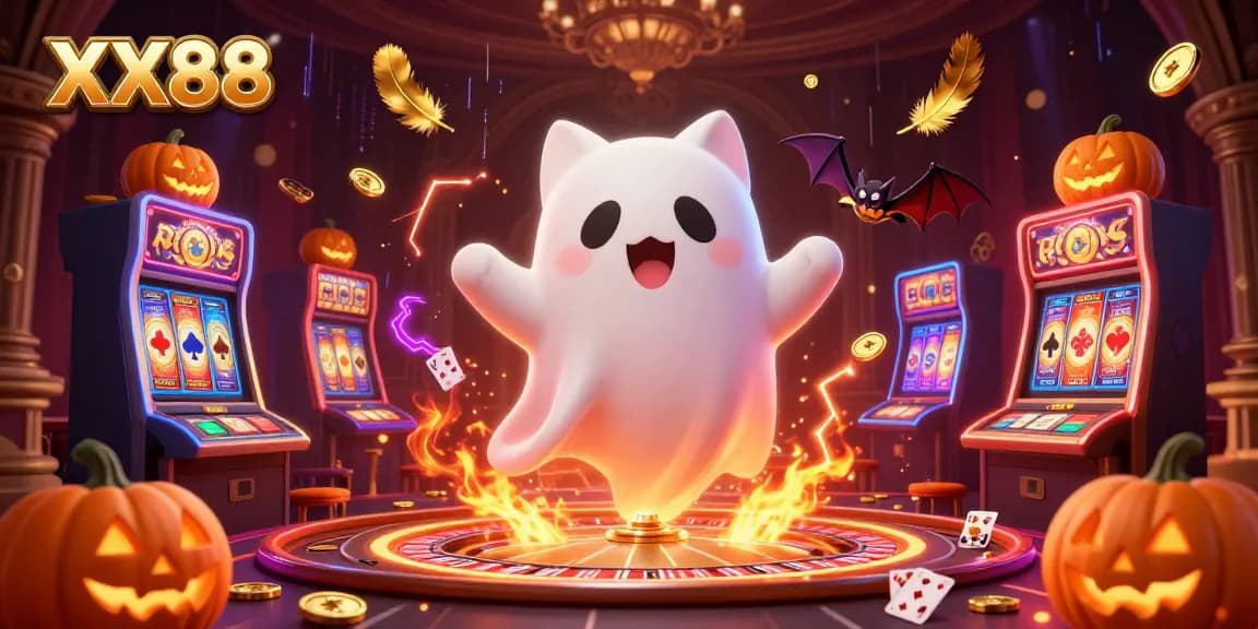 Experience thrilling casino adventures with XX88's vibrant gaming illustration featuring a friendly ghost cat and vampire bat.