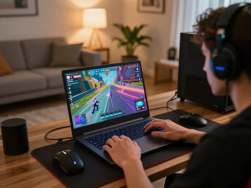 Engaging online gaming session at Hitclub with a player focused on a laptop showing vibrant game interface