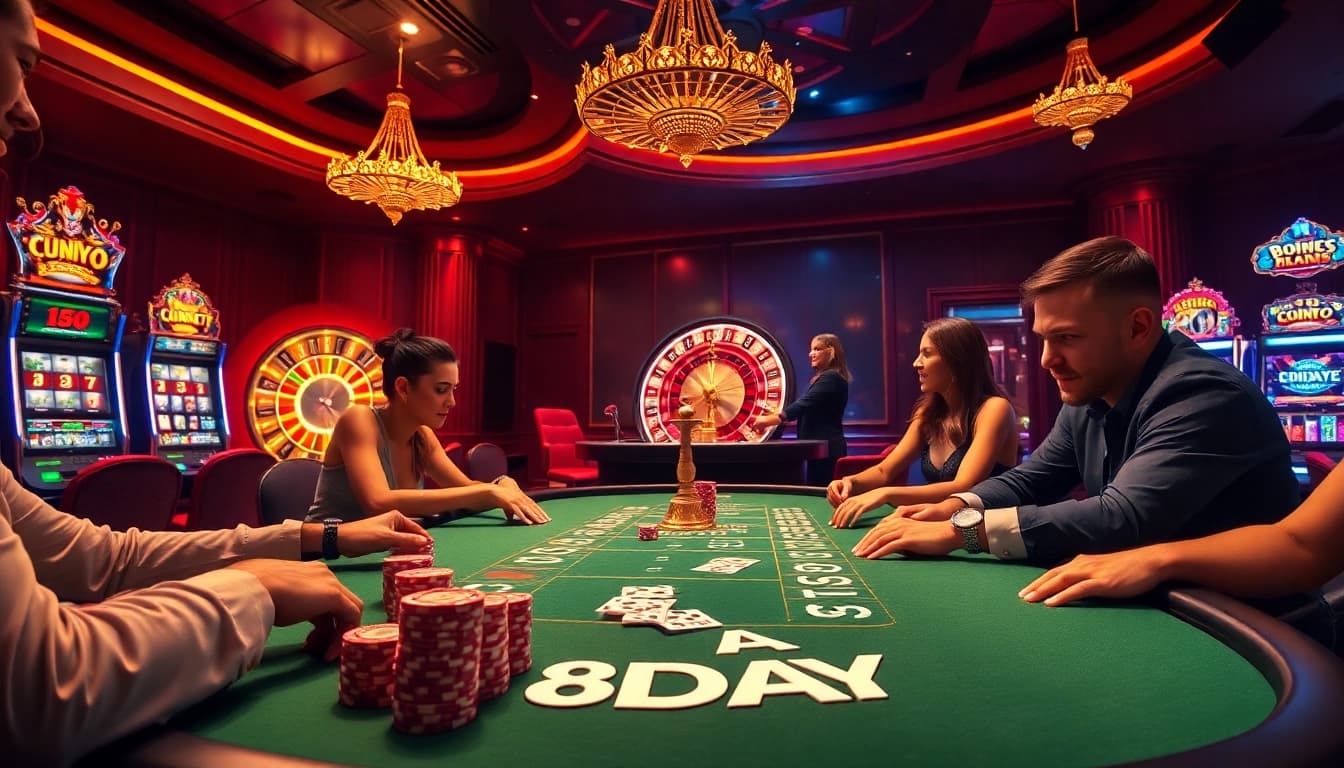 8DAY casino scene captures thrilling poker action with vibrant tables and lively gamblers.