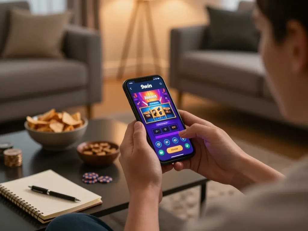Engaging with the 9win gaming app on a smartphone in a cozy home setting