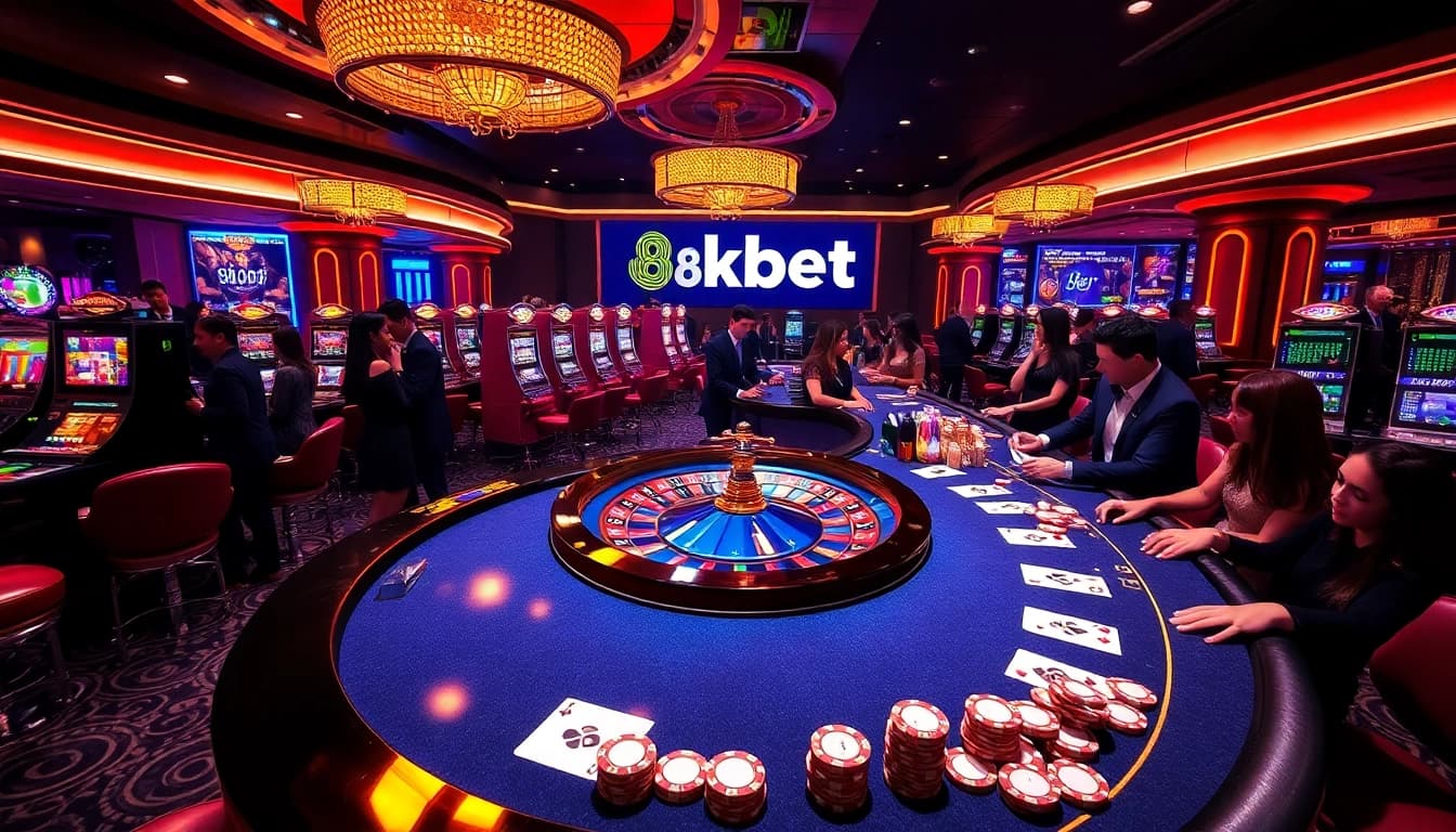 Experience the thrill of 8kbet with players at a luxurious casino scene featuring roulette, poker, and vibrant slot machines.