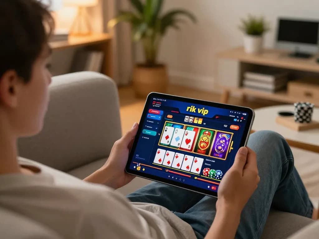 Player engages with rik vip online casino, showcasing dynamic gaming interface on tablet in cozy setting