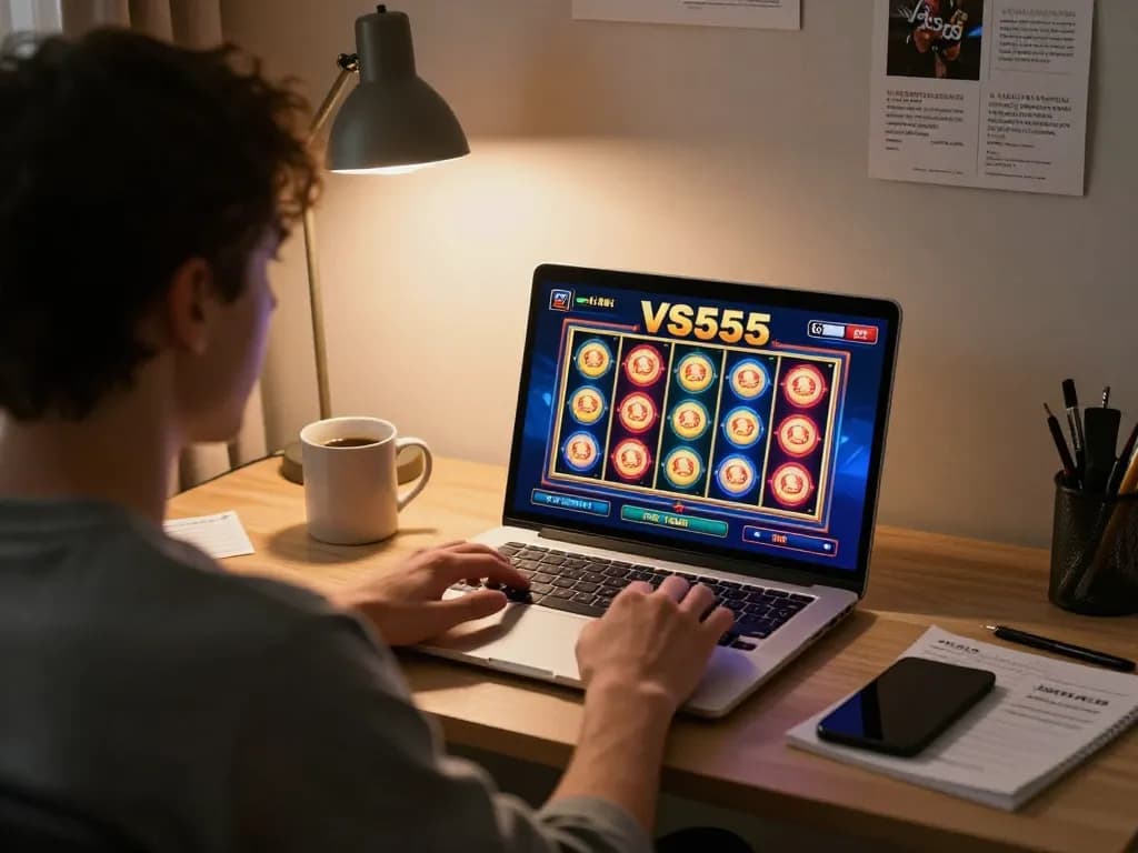 VS555 online player spinning slots in a cozy home office setup, showcasing strategic gameplay