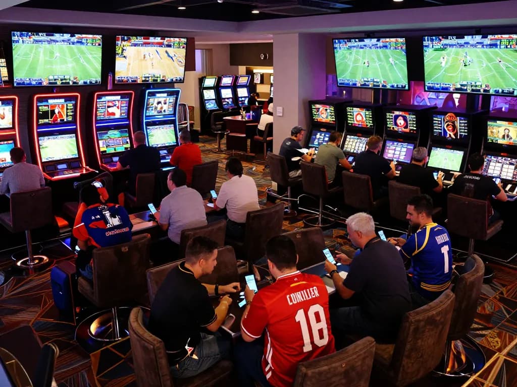 Tỷ lệ kèo nhà cái hôm nay showcased as fans engage with sports betting in a lively casino atmosphere