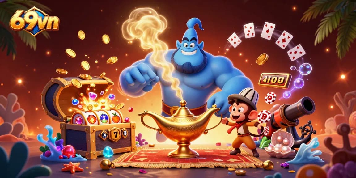 Experience the magical world of 69vn with a vibrant casino-themed illustration featuring a genie, treasures, and poker chips.