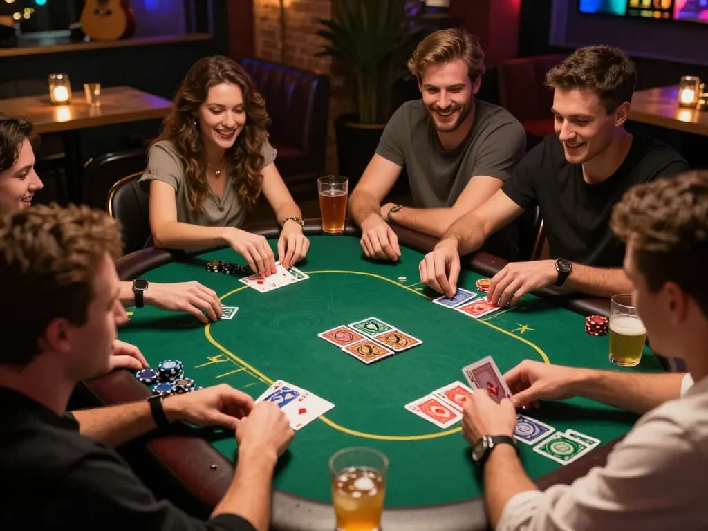 B52 Club players enjoying an exciting poker night session with vibrant cards and chips.